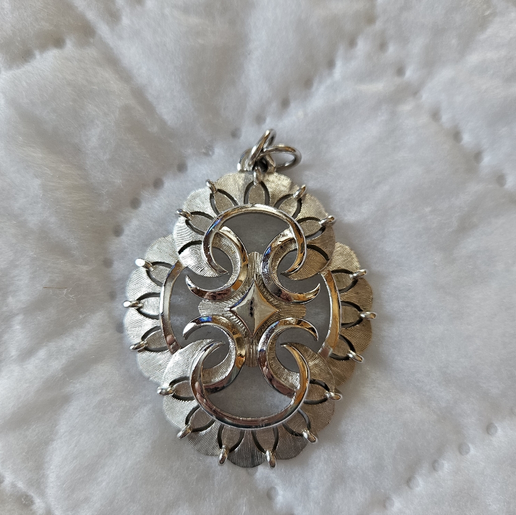 Vtg Crown Trifari Silver-Tone Textured Cutout Pendant
